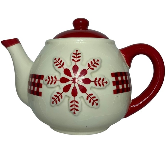 Teapot Folk Art Winter Gingham Buffalo Check Plaid Christmas Retired Red White - Picture 3 of 13